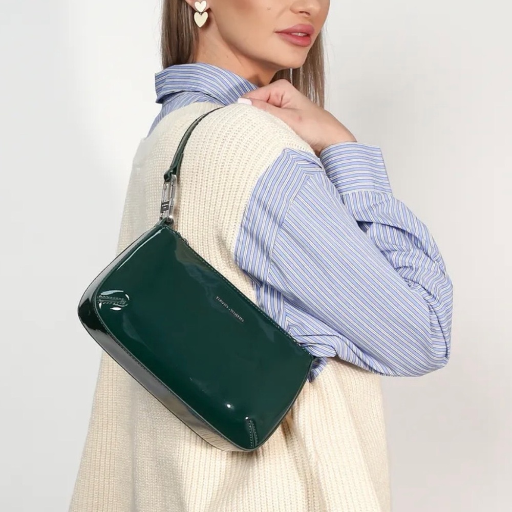 David Jones Green Patent Leather Shoulder Bag Small Baguette Purse NWT